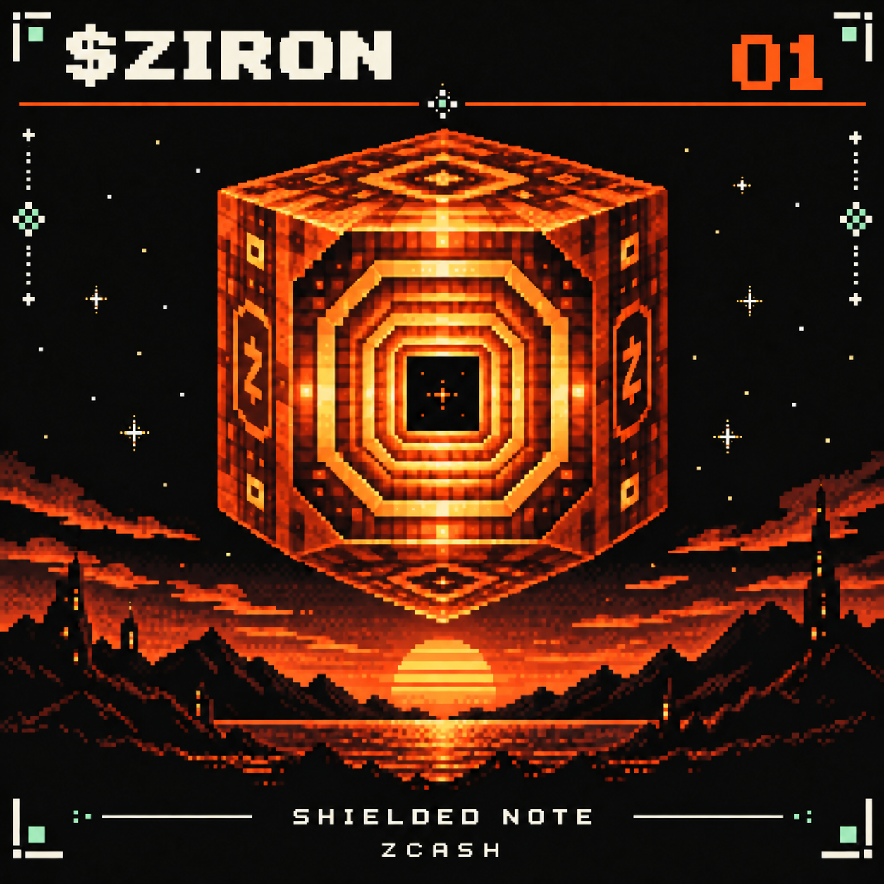 $ZIRON shielded note: a glowing pixel-art monolith in an ivory stamp